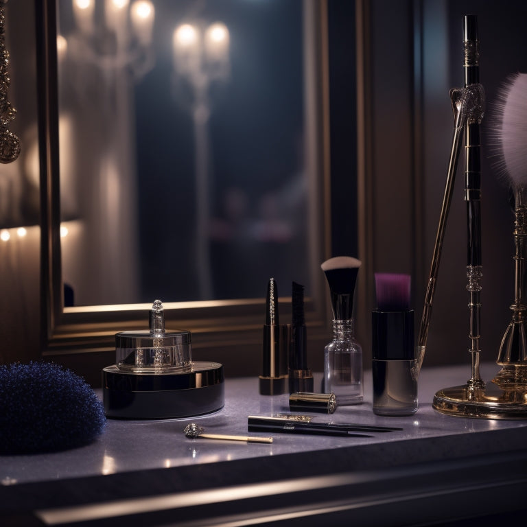 A glamorous, dimly lit makeup studio with a vanity cluttered with high-end products, a spotlight shining on a single, ornate makeup brush, and a subtle, blurred celebrity silhouette in the background.