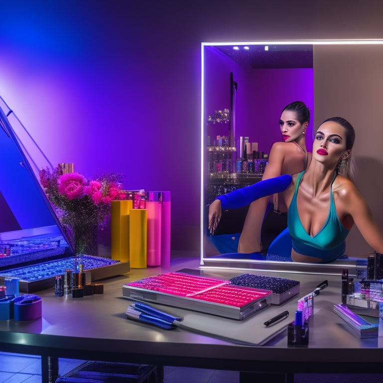 A glamorous, spotlit dancer in a sleek, modern dance studio, surrounded by mirrors and ballet bars, with a laptop and makeup brushes on a nearby table, amidst a colorful array of cosmetics.