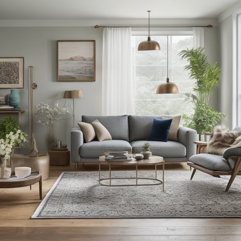 A serene, minimalist living room with a mix of vintage and modern furniture, adorned with repurposed, eco-friendly decorative pieces, and a statement art piece made from recycled materials.