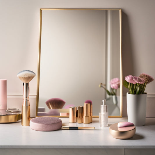 A clutter-free, minimalist vanity with a few strategically-placed makeup brushes, a timer, and a small planner, surrounded by subtle dance-inspired elements, such as a pointe shoe or a ballet barre silhouette.