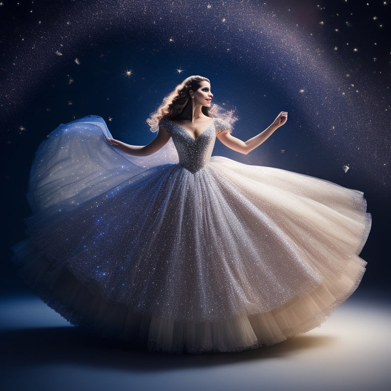 A whimsical illustration of a young woman twirling in a flowing, floor-length empire-waist dance dress with layers of tulle, surrounded by sparkling stars and soft, shimmering lights.