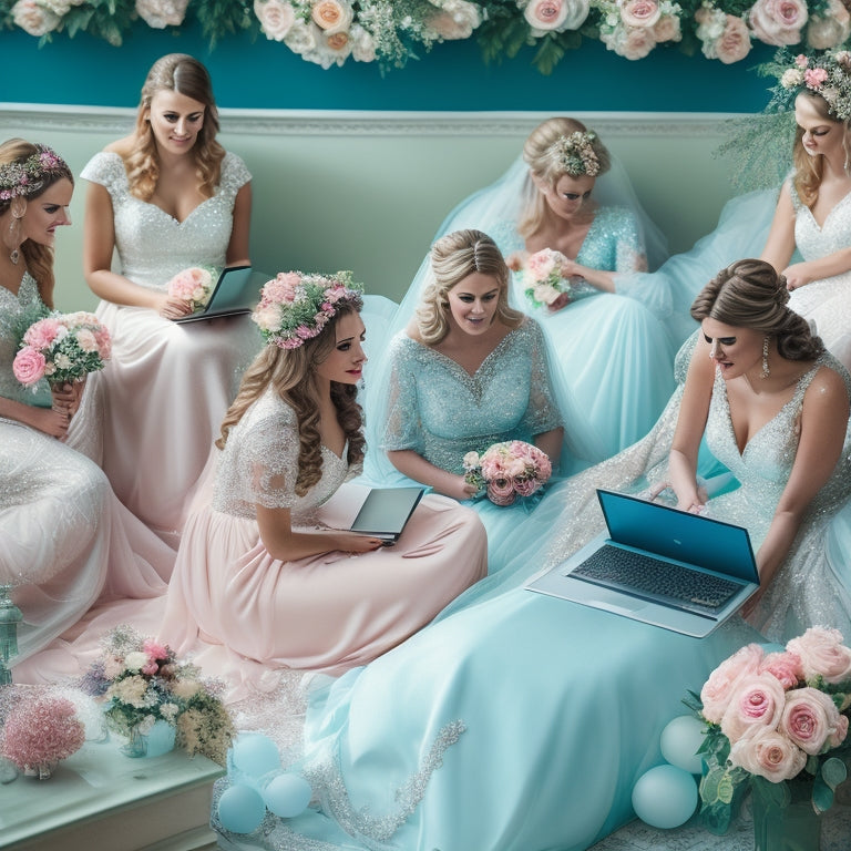 A serene, pastel-hued illustration of a bride surrounded by her bridesmaids, all dressed in elegant, flowing gowns, with laptops and tablets scattered around them, amidst flowers and wedding decorations.