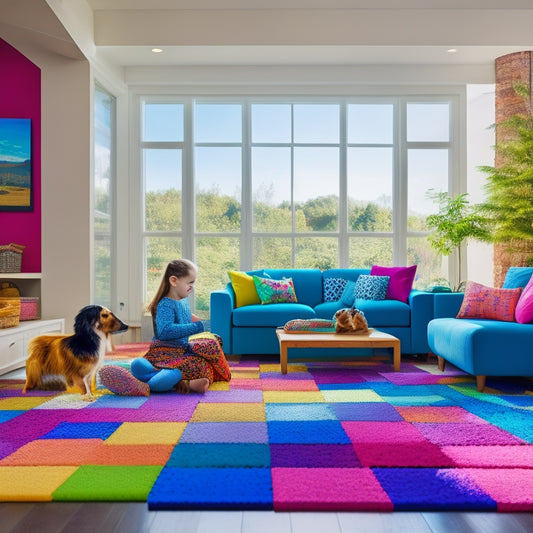A cozy living room featuring colorful foam flooring tiles, surrounded by playful children, a yoga mat, and a pet lounging, with natural light streaming through large windows, showcasing comfort and safety in a vibrant home setting.