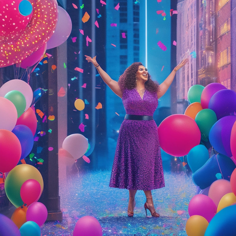 A colorful illustration of a dancing mom, surrounded by confetti and balloons, holding a Cricut machine and wearing a dynamic, swirly patterned outfit, with a cityscape or stage lights in the background.