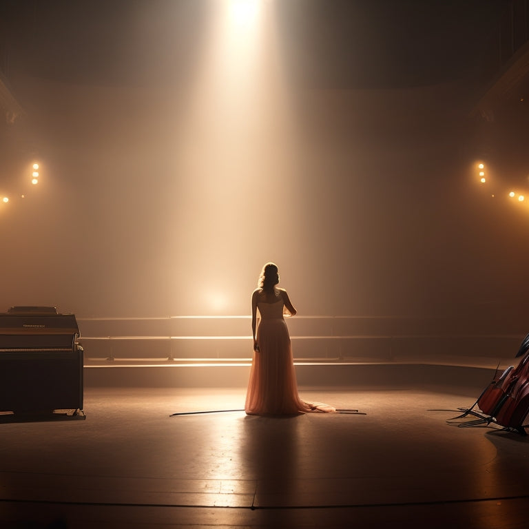 A dimly lit concert hall with a lone figure, Julia Plaut, standing center stage, her violin and bow poised, surrounded by a halo of soft spotlight, with a subtle gradient of warm, golden hues.