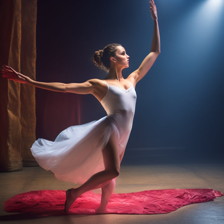 A serene, spot-lit female dancer in a flowing, white leotard stands in a dimly lit studio, with a subtle, crimson-hued aura surrounding her lower abdomen, amidst scattered dance shoes and a faint, crumpled sanitary pad in the corner.
