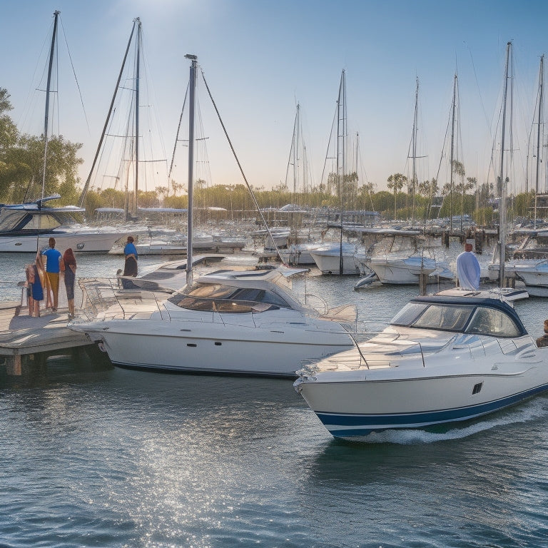 A serene, sun-kissed marina scene featuring a fleet of sleek Sea Ray boats, surrounded by joyful enthusiasts of diverse ages and ethnicities, socializing and sharing laughter.