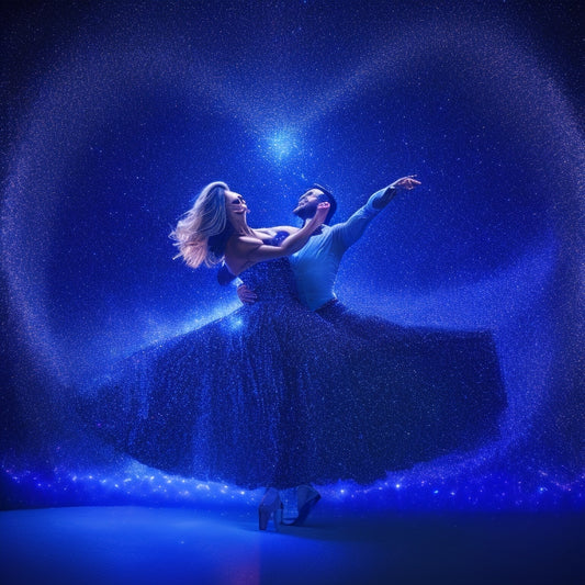 A vibrant illustration of two dancers in mid-air, surrounded by swirling spotlights, with confetti and glittering stars exploding around them, against a dark blue background with subtle stage lights.