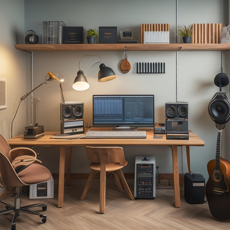 A clutter-free studio workspace with a sleek desk, organized shelves, and a minimalist chair, surrounded by essential tools like headphones, microphones, and a mixing console, bathed in soft, warm lighting.
