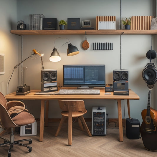 A clutter-free studio workspace with a sleek desk, organized shelves, and a minimalist chair, surrounded by essential tools like headphones, microphones, and a mixing console, bathed in soft, warm lighting.