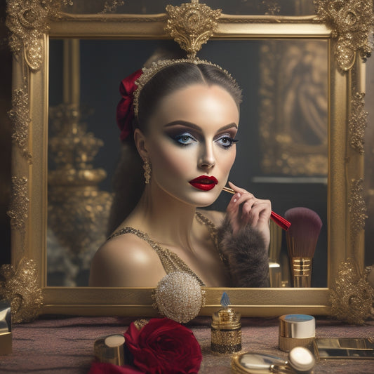 A ballet dancer in a ornate, gilded frame, surrounded by makeup brushes, palettes, and mirrors, with a bold, red lip and dramatic, smoky eyes, set against a dark, velvety background.