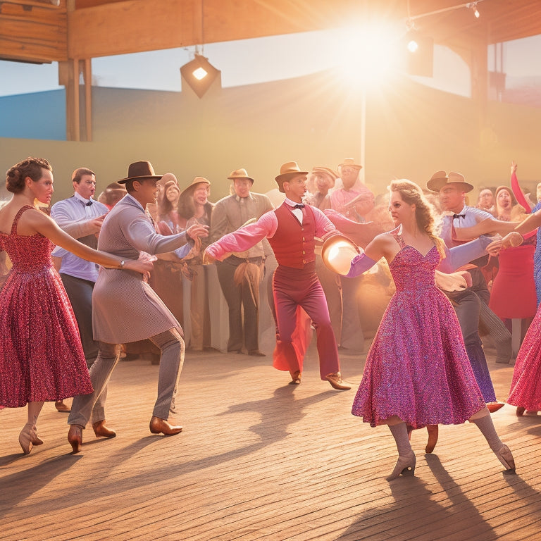 An illustration of a lively dance hall scene with five pairs of intermediate dancers, dressed in vibrant attire, twirling and spinning to the rhythm of a bluegrass band on a sunlit stage.