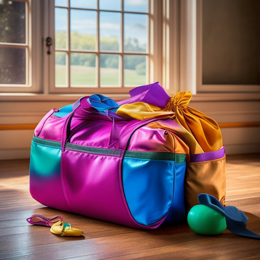 A vibrant dancewear bag overflowing with colorful leotards, ballet shoes, and accessories, set against a polished wooden studio floor, sunlight streaming through large windows, highlighting the bag's stylish design and organizational pockets.