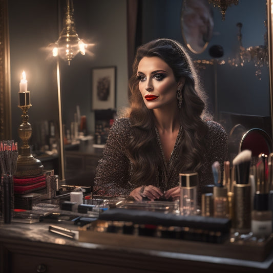 A dimly lit, luxurious makeup studio in Nashville with a renowned artist standing at a cluttered vanity, surrounded by brushes, palettes, and mirrors, with a beautiful model seated in front of them.