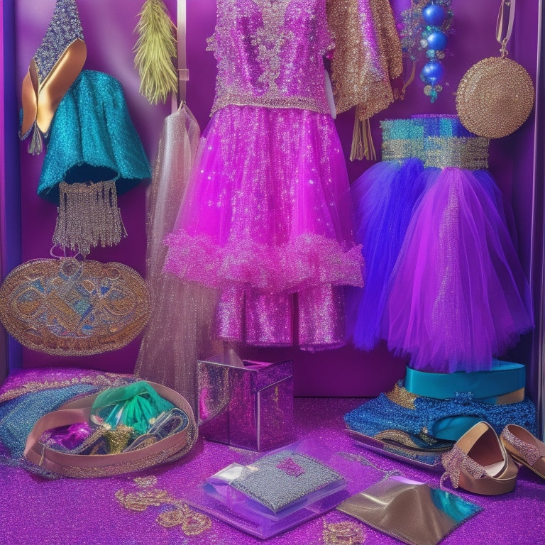 A colorful illustration of a dancer's closet, with various dance costumes on hangers, surrounded by sparkly accessories, tiara, and a few shopping bags with discount tags hanging from them.