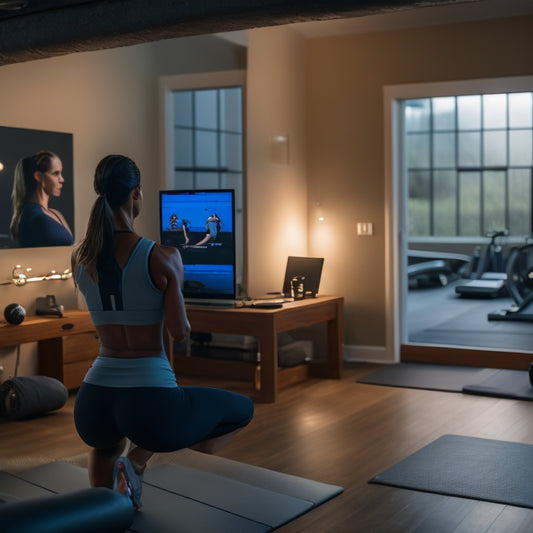 A serene, dimly lit home gym with a laptop open to a fitness class on the screen, surrounded by minimal equipment, with a calm, focused individual in workout attire, mid-exercise.