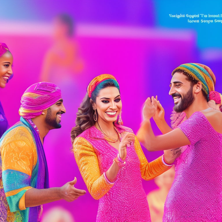 A colorful, vibrant illustration of a virtual dance studio with a beautiful, smiling instructor in the center, surrounded by dancing students from diverse backgrounds, all enjoying lively Middle Eastern music.