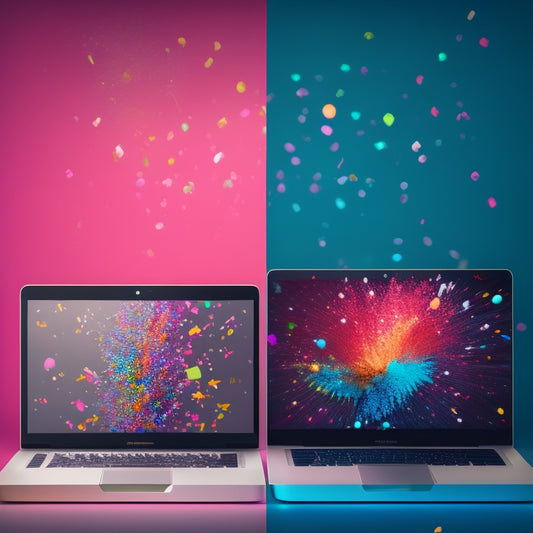 A stylized illustration of a laptop screen displaying a split-screen comparison of a dull, grey website versus a vibrant, colorful website, with confetti and sparks surrounding the latter.