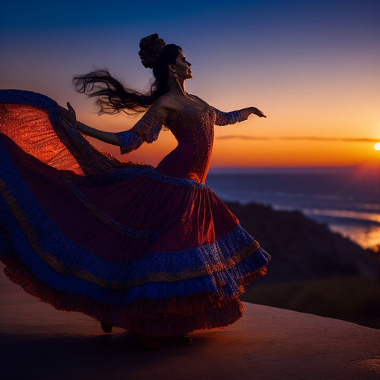 A dark blue silhouette of a flamenco dancer in a flowing, ruffled skirt, arms outstretched, against a bright orange sunset background with subtle Spanish-inspired patterns.