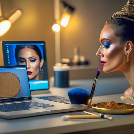 A close-up of a makeup brush applying makeup to a dancer's face, surrounded by dance-inspired makeup products and a laptop or tablet displaying a dance makeup tutorial.