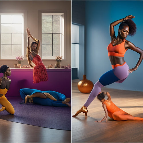 A vibrant studio scene showcasing diverse dancers in sleek, form-fitting dancewear, featuring high-performance fabrics, supportive footwear, and accessories like leg warmers and hair ties, illuminated by soft natural light.