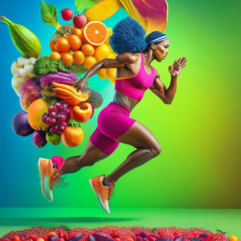 A vibrant, dynamic illustration featuring a strong, athletic figure in motion, surrounded by swirling elements of fruits, vegetables, and whole grains, with subtle hints of a brain and a stopwatch.