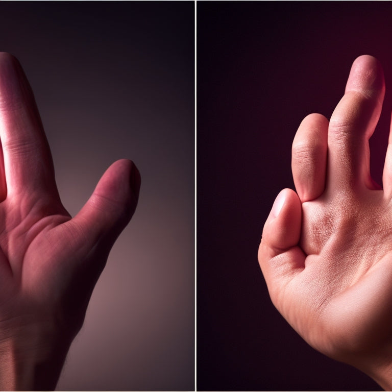 A split-screen image featuring a dancer's hands in two contrasting scenarios: on the left, a blurry, poorly lit hand with stiff fingers, and on the right, a sharp, well-lit hand with fluid, expressive fingers.