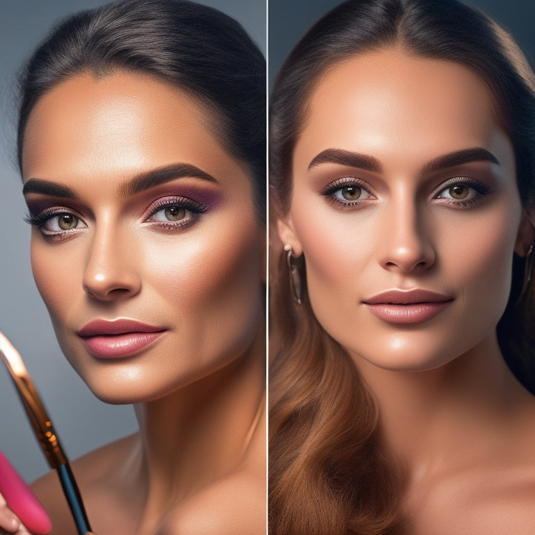 A split-screen image featuring a before-and-after transformation of a person's face with a natural, everyday makeup look on one side and a glamorous, evening look on the other, with various makeup brushes and products scattered around the edges.