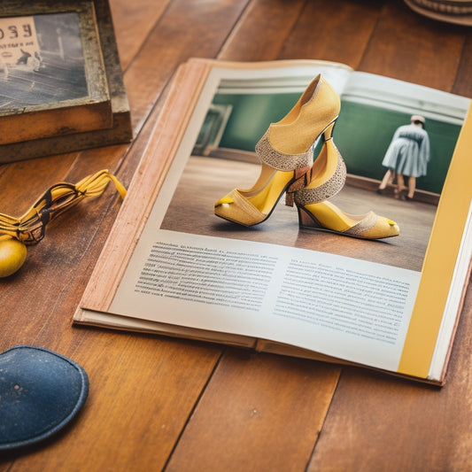 A worn, vintage-style instruction manual with yellowed pages, adorned with elegant illustrations of dancing couples, lies open on a distressed wooden floor, surrounded by scattered dance shoes and forgotten photographs.