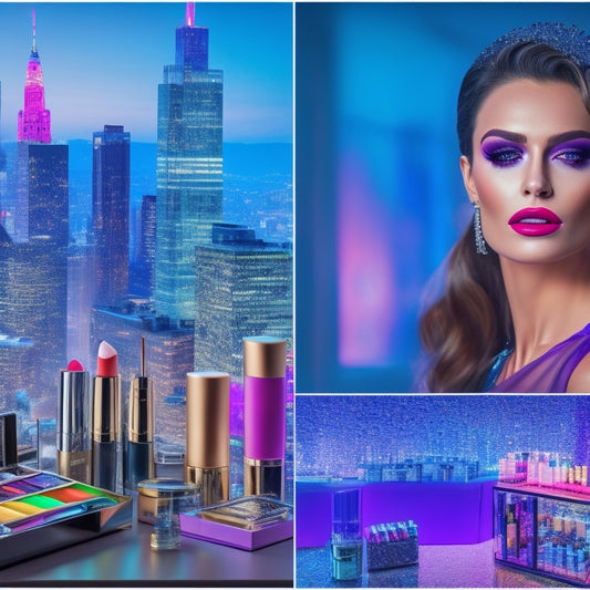 A vibrant, spotlight-lit makeup station with an assortment of colorful cosmetics, brushes, and tools, surrounded by glamorous models' before-and-after portraits, with a cityscape or fashion runway blurred in the background.