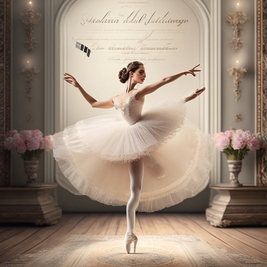 A whimsical illustration of a delicate, porcelain-skinned ballerina standing en pointe on a vintage music sheet, surrounded by swirling melodies and musical notes, set against a soft, creamy background.