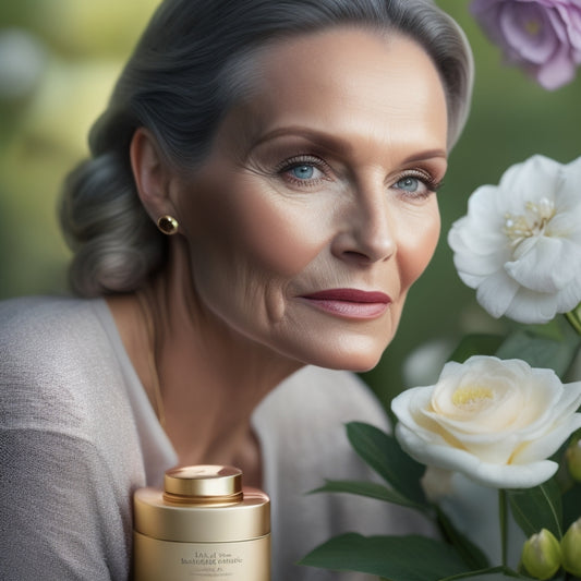 A serene, elegant composition featuring a beautiful, mature woman's face with soft, golden lighting, surrounded by a delicate arrangement of skincare products and flowers in soft, pastel hues.