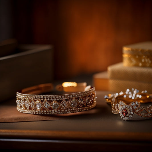 A glamorous close-up of sparkling rhinestone headbands displayed elegantly on a velvet-lined jewelry box, reflecting light in a soft, inviting ambiance, with delicate shadows enhancing the intricate designs and shimmering facets.