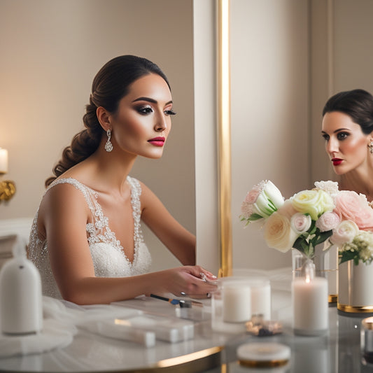 A serene, elegant wedding setting with a beautiful bride sitting in front of a vanity, surrounded by various makeup products and brushes, with a gentle, soft focus on her flawless, radiant face.