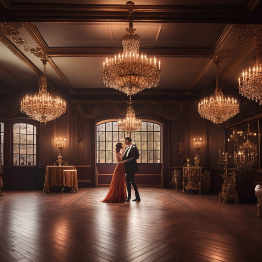 A stylish, dimly lit dance studio with a polished wooden floor, illuminated by a single chandelier, featuring a lone, elegant couple in a dramatic ballroom dance pose, surrounded by mirrors and floor-to-ceiling curtains.