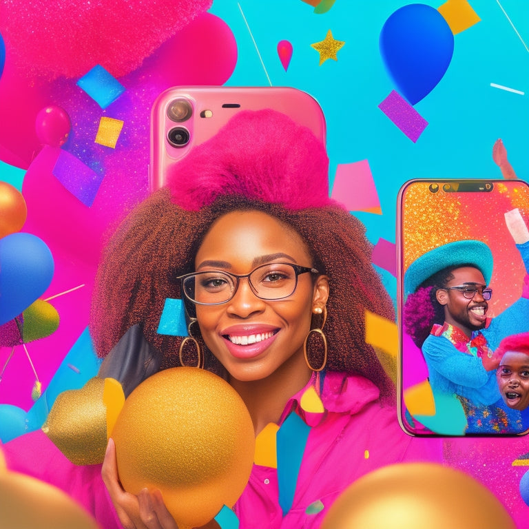 A bright, colorful illustration featuring a giant smartphone with a TikTok app open, surrounded by confetti, glitter, and trophies, with artistic portraits of diverse young creators in the background.