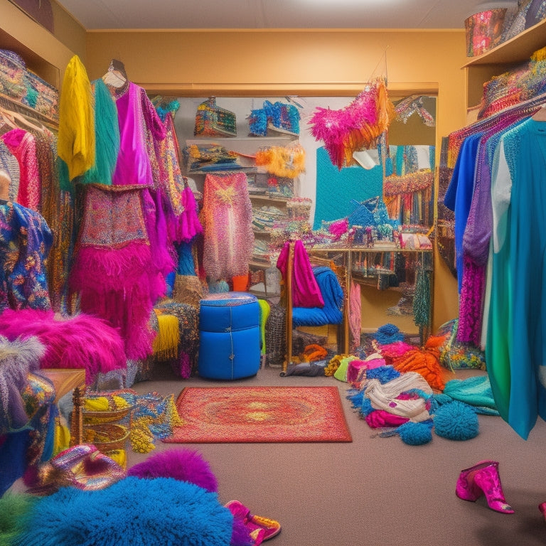 A colorful, cluttered dance studio with costumes, fabrics, and accessories scattered around; a frazzled dance teacher surrounded by mirrors, chairs, and shelves, with a calm, organized corner in the background.