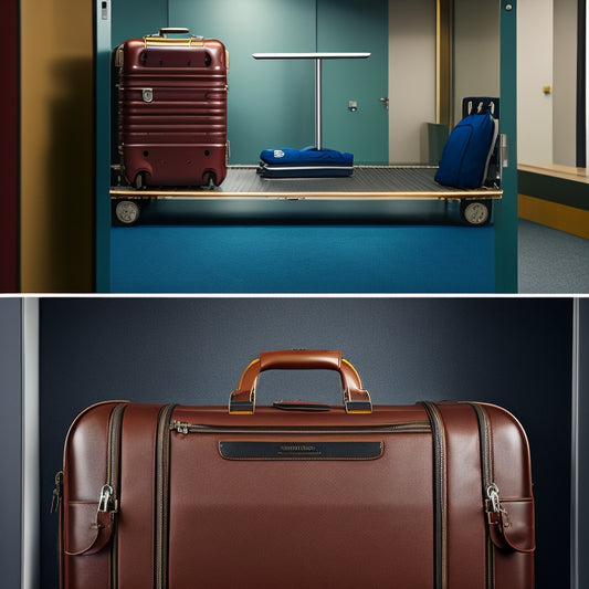 A split-screen image: a suitcase open on a luggage conveyor belt, with a suit hanger peeking out, alongside a plane's overhead compartment with a similar hanger neatly fitted inside.