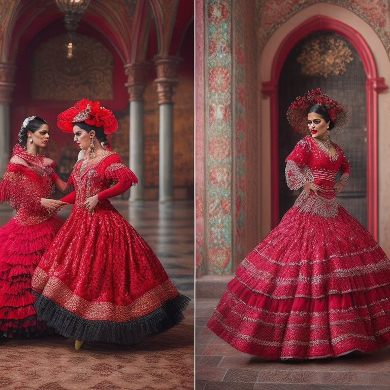 A vibrant display of traditional Flamenco dance costumes, featuring ruffled dresses in red and black polka dots, intricate lace shawls, and ornate accessories, all arranged artistically against a backdrop of rustic Spanish tiles.