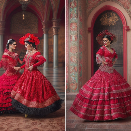 A vibrant display of traditional Flamenco dance costumes, featuring ruffled dresses in red and black polka dots, intricate lace shawls, and ornate accessories, all arranged artistically against a backdrop of rustic Spanish tiles.