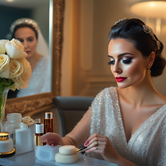 A serene, elegantly dressed bride sits in front of a vanity, surrounded by makeup brushes and products, with a calm, focused makeup artist applying a delicate touch to her eyelid.