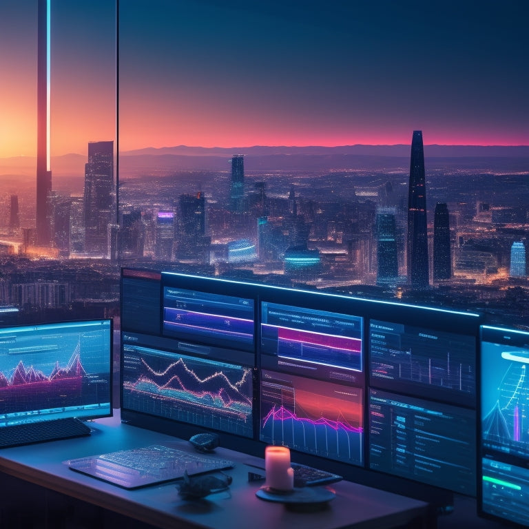 A futuristic dashboard with neon-lit graphs, charts, and meters displaying various social media metrics, surrounded by sleek, modern gadgets and a cityscape at dusk in the background.