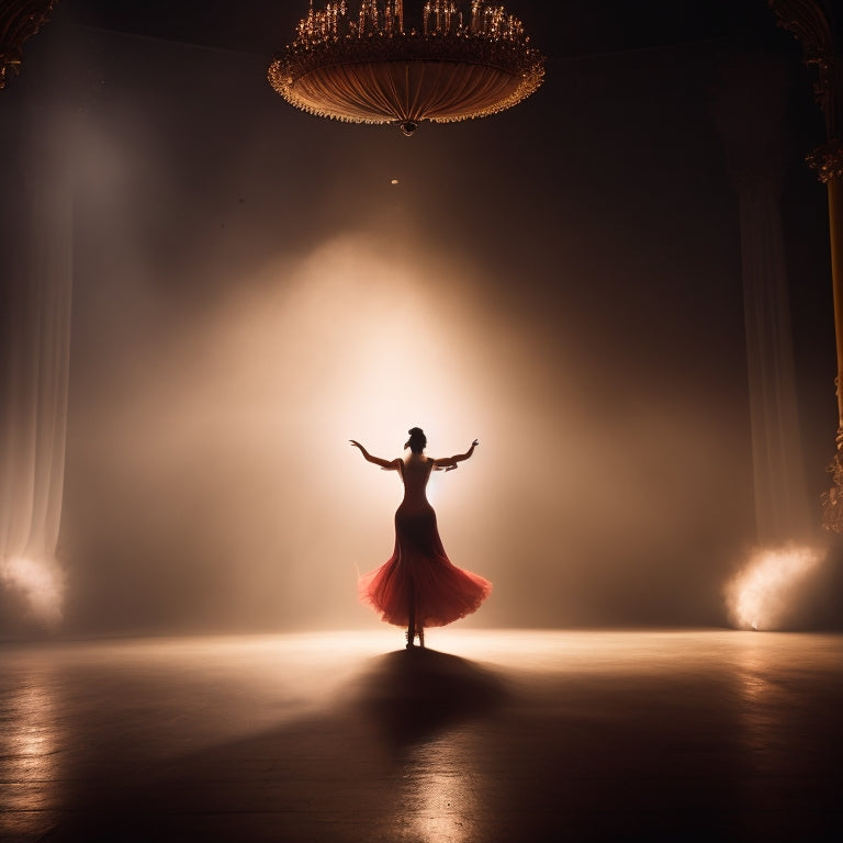 A dimly lit theater stage with a solo dancer in mid-air, surrounded by swirling spotlights, with a backdrop of rich, velvety curtains and a subtle hint of mist.