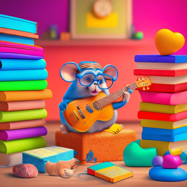 A whimsical illustration of Ricardo Reading Mouse, a cheerful mouse in glasses, sitting on a stack of colorful books, surrounded by musical notes and ABC blocks, with a guitar nearby.