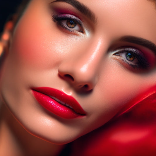 A close-up of a dancer's face, spotlight-lit, with bold, shimmering eyeshadow, bold lashes, and a bold red lip, amidst a blurred background of a dance studio or stage.