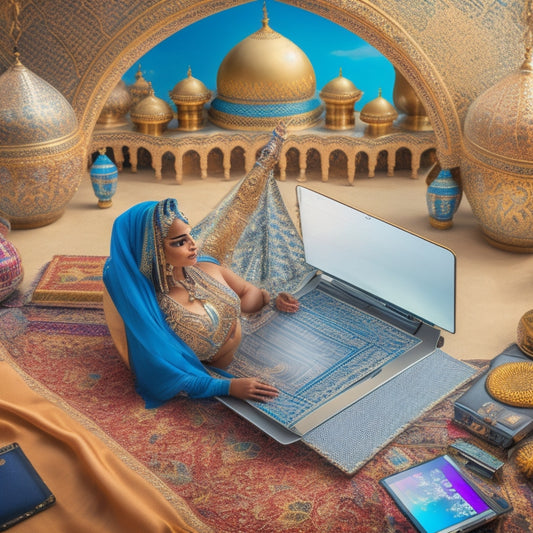 A whimsical illustration featuring a belly dancer's midsection, surrounded by digital design elements like laptops, tablets, and styluses, with swirling patterns of Arabic architecture in the background.