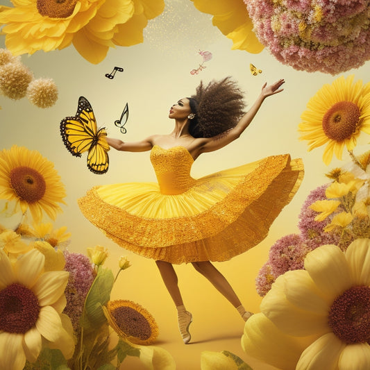 A whimsical illustration featuring a confident, solo dancer in the center, surrounded by swirling musical notes, flowers, and butterflies, set against a warm, sunny yellow background.