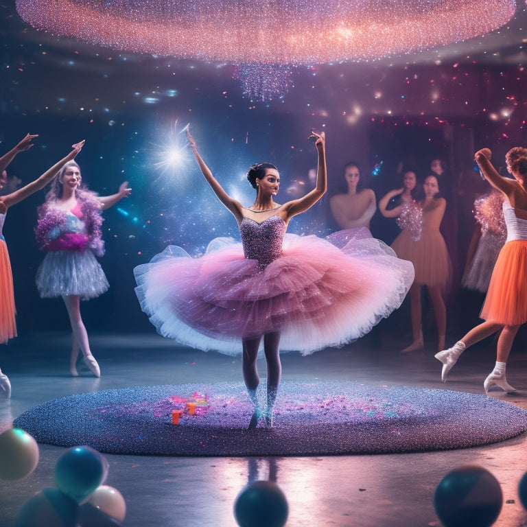 A whimsical illustration of a dancer in a flowing tutu standing in front of a giant tablet, with swirling digital lights and confetti surrounding her, amidst a blurred background of a dance studio.