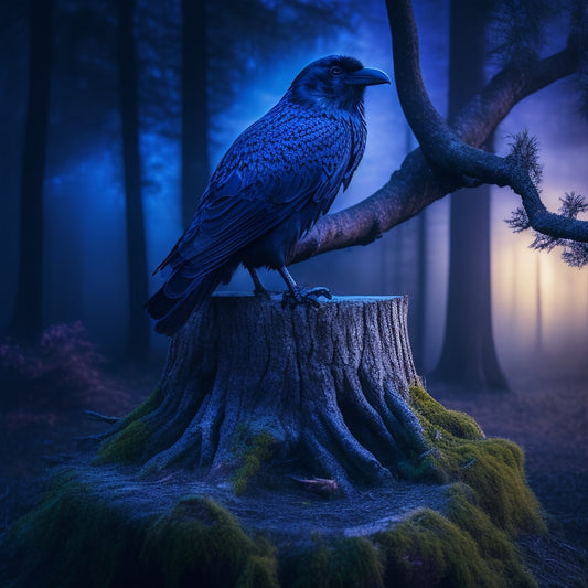 A mystical raven perched on a ornate, ancient tree stump, surrounded by swirling mist, with a subtle, shimmering aura, amidst a backdrop of dark, gradient blues, with hints of moonlight.