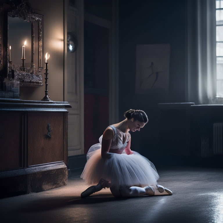 A haunting, dimly lit dance studio with a lone, injured ballerina sitting on the floor, surrounded by scattered pointe shoes and a torn tutu, with a subtle, eerie spotlight on her bandaged ankle.